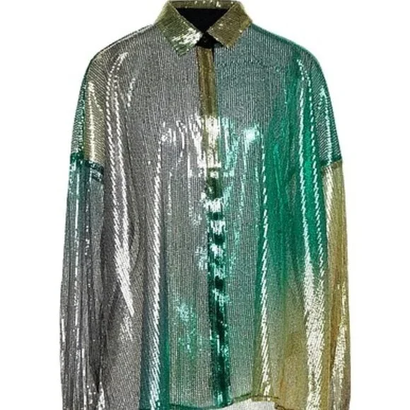 Callie Lives Ombre Future: Marco Bologna Sequin Metallic Button Up Shirt Large - Picture 2 of 5